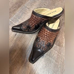 Stetson Basketweave & Tooled Leather Western Mules - Size 8